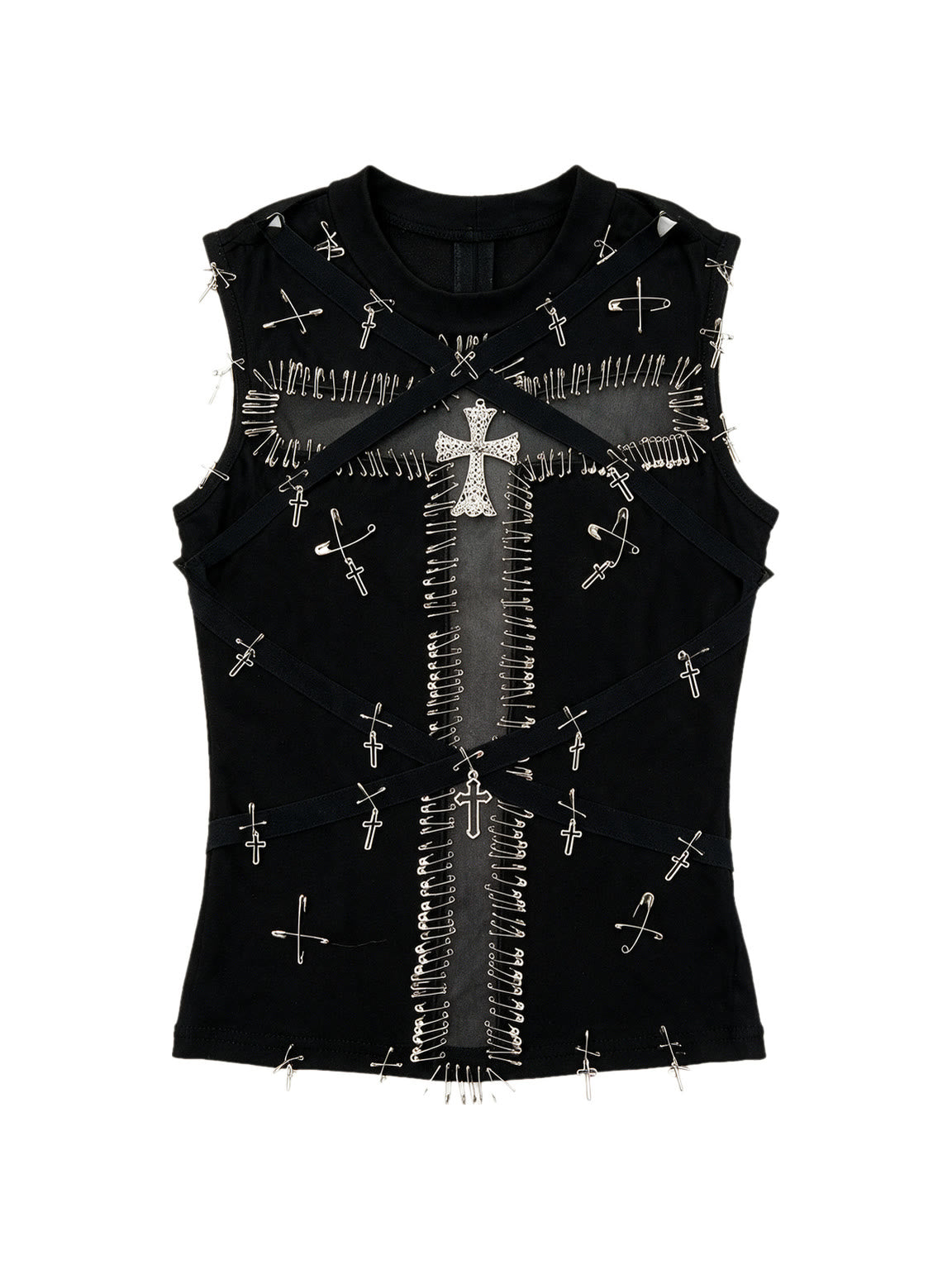 Black bustier tank with safety pins and a studded cross