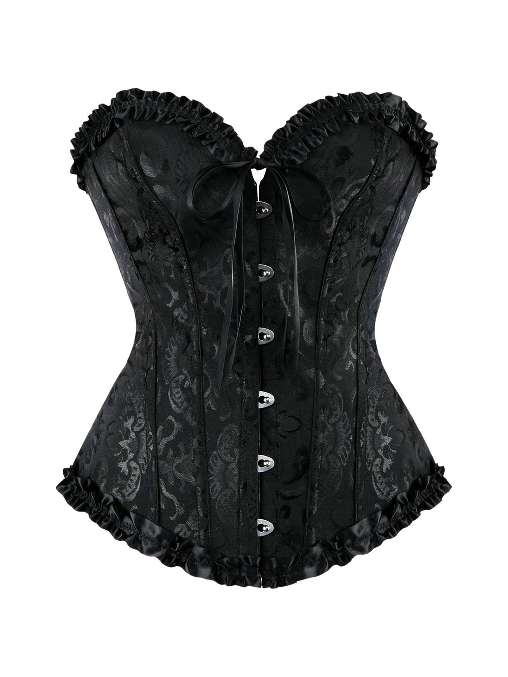 Black brocade overbust corset with ruffle trim
