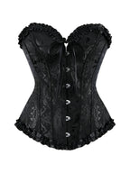Black brocade overbust corset with ruffle trim