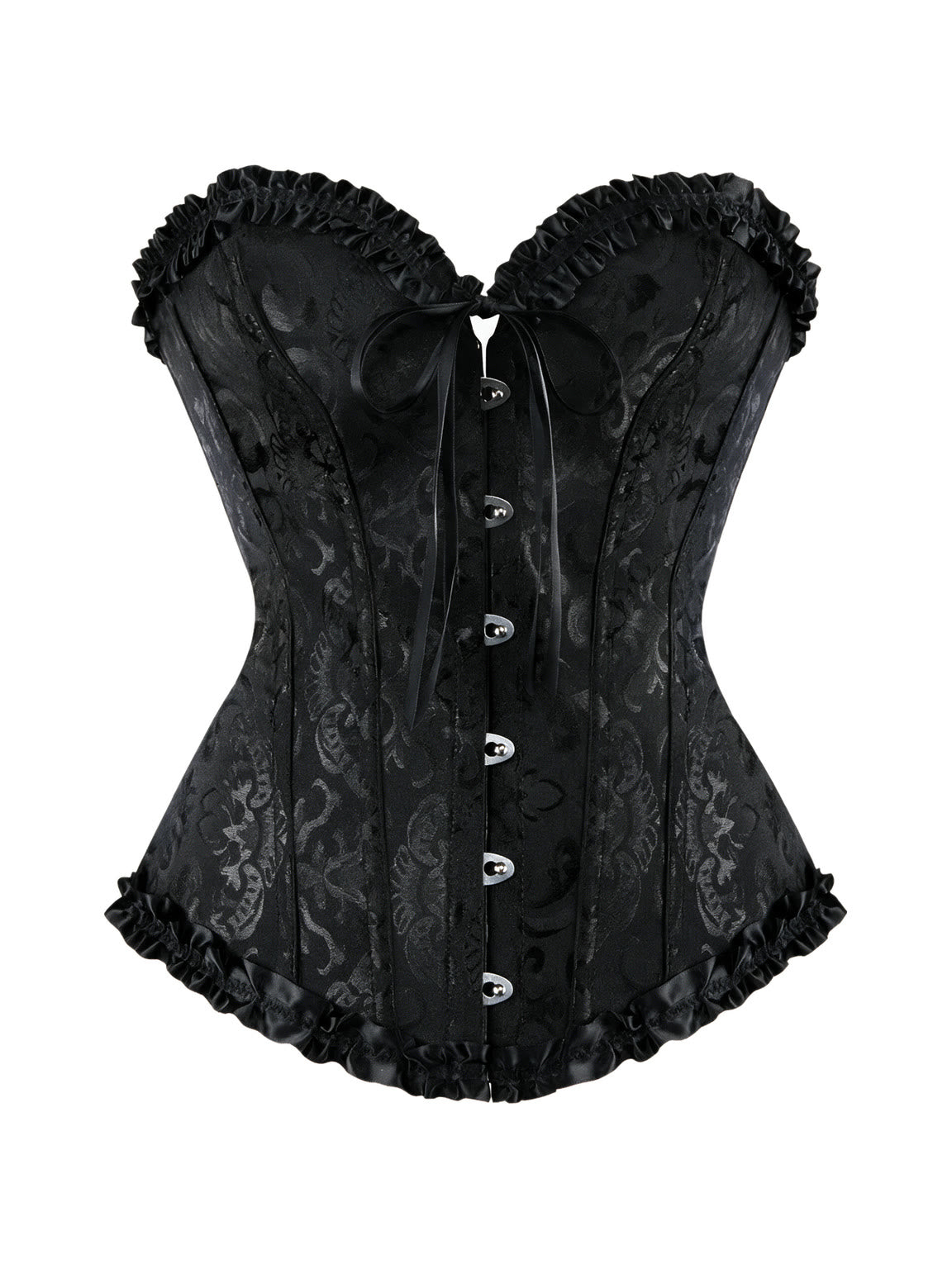 Black brocade overbust corset with ruffle trim