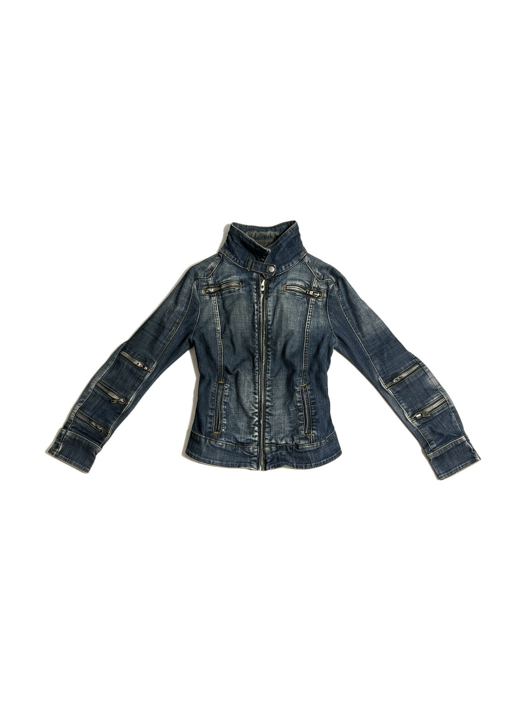Washed blue denim jacket with multiple zips