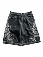 Washed black baggy denim shorts with white embroidery