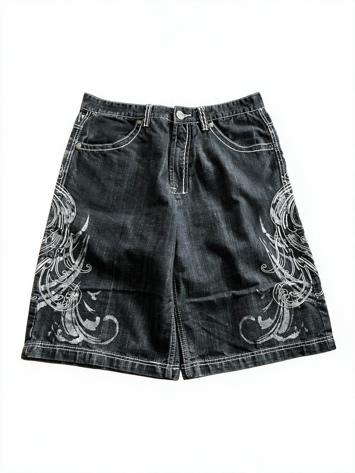 Washed black baggy denim shorts with white embroidery