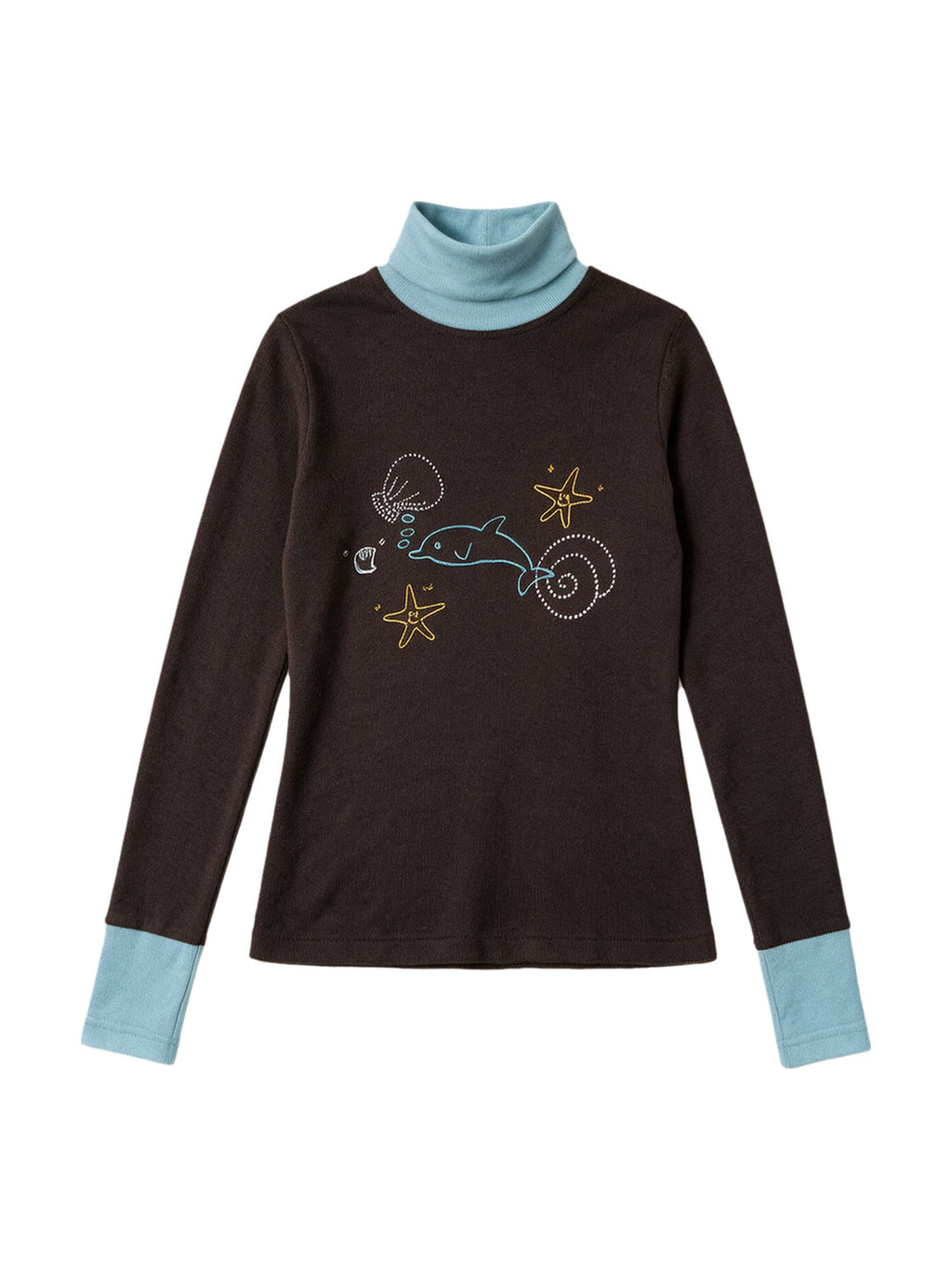 Brown turtleneck long sleeve top with pale blue cuffs