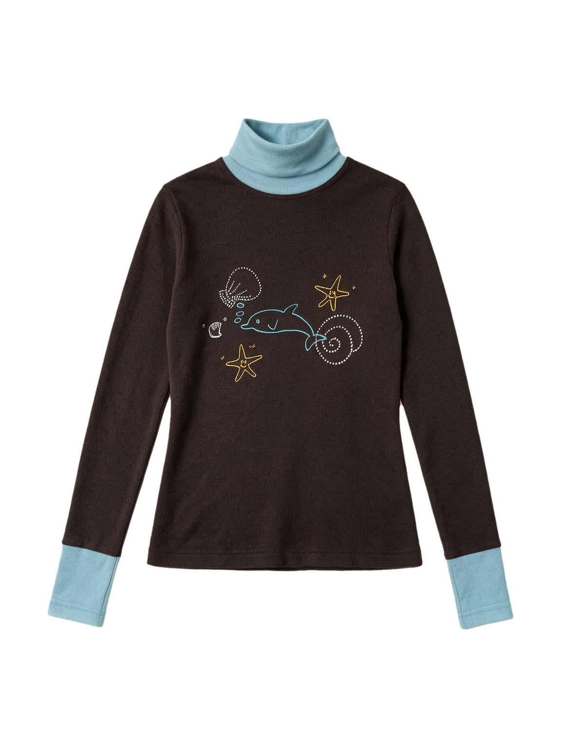 Brown turtleneck long sleeve top with pale blue cuffs