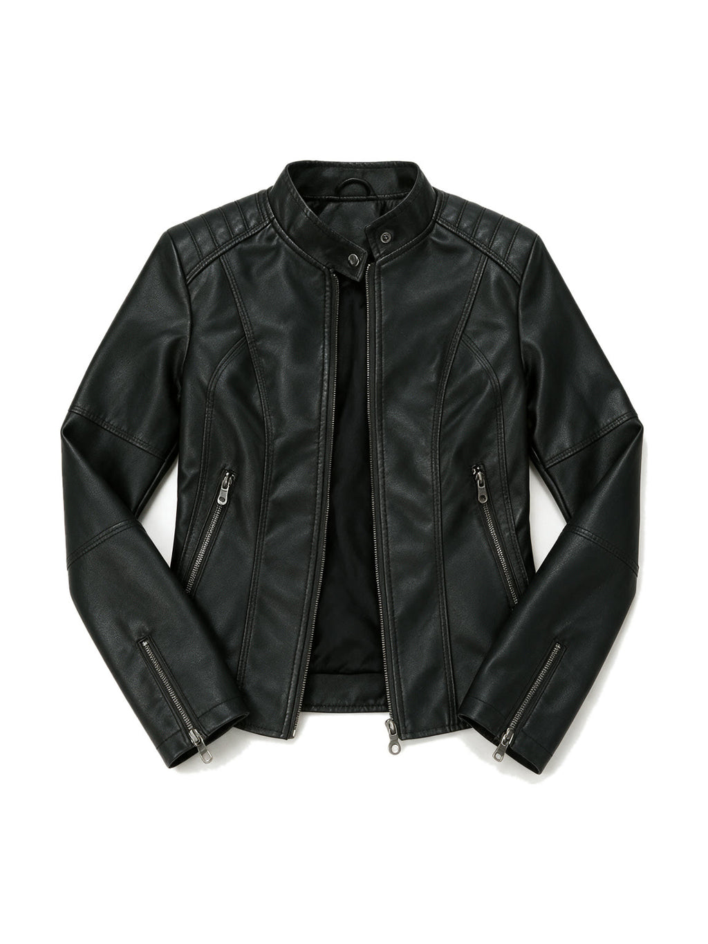 Slim black leather jacket with a mandarin collar