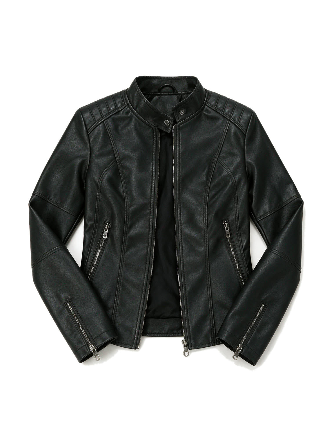 Slim black leather jacket with a mandarin collar