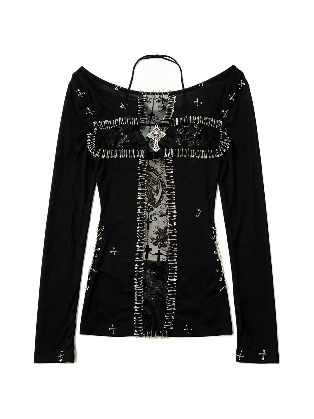 Black long sleeve top with a pinned lace panel and cross prints