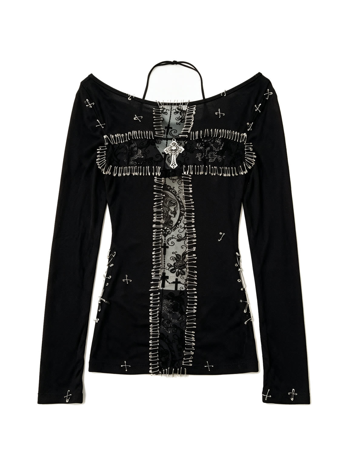 Black long sleeve top with a pinned lace panel and cross prints