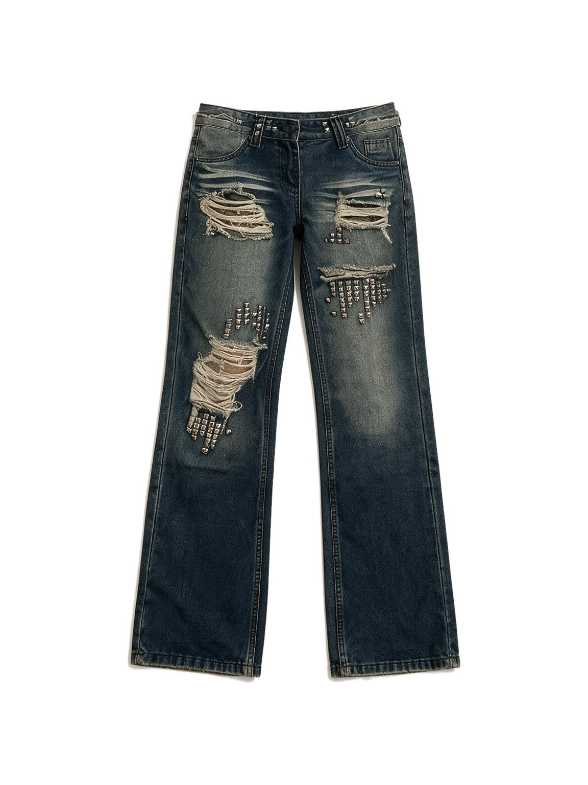 Distressed dark blue jeans with rivet patches