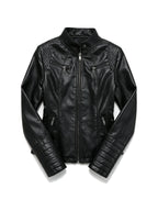 Black leather jacket with quilted shoulder panels