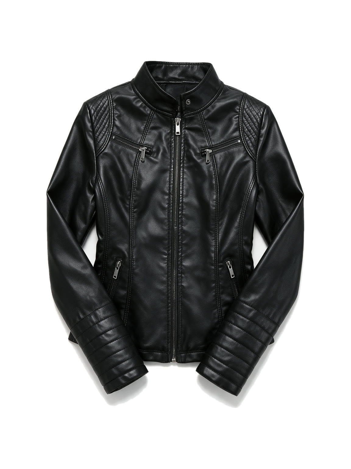 Black leather jacket with quilted shoulder panels