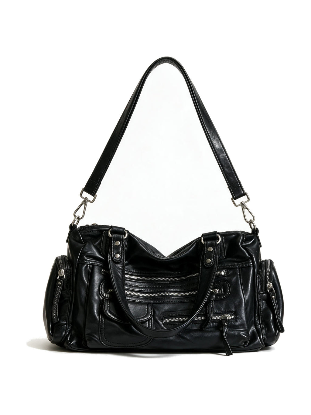 Black leather shoulder bag with multiple cargo pockets