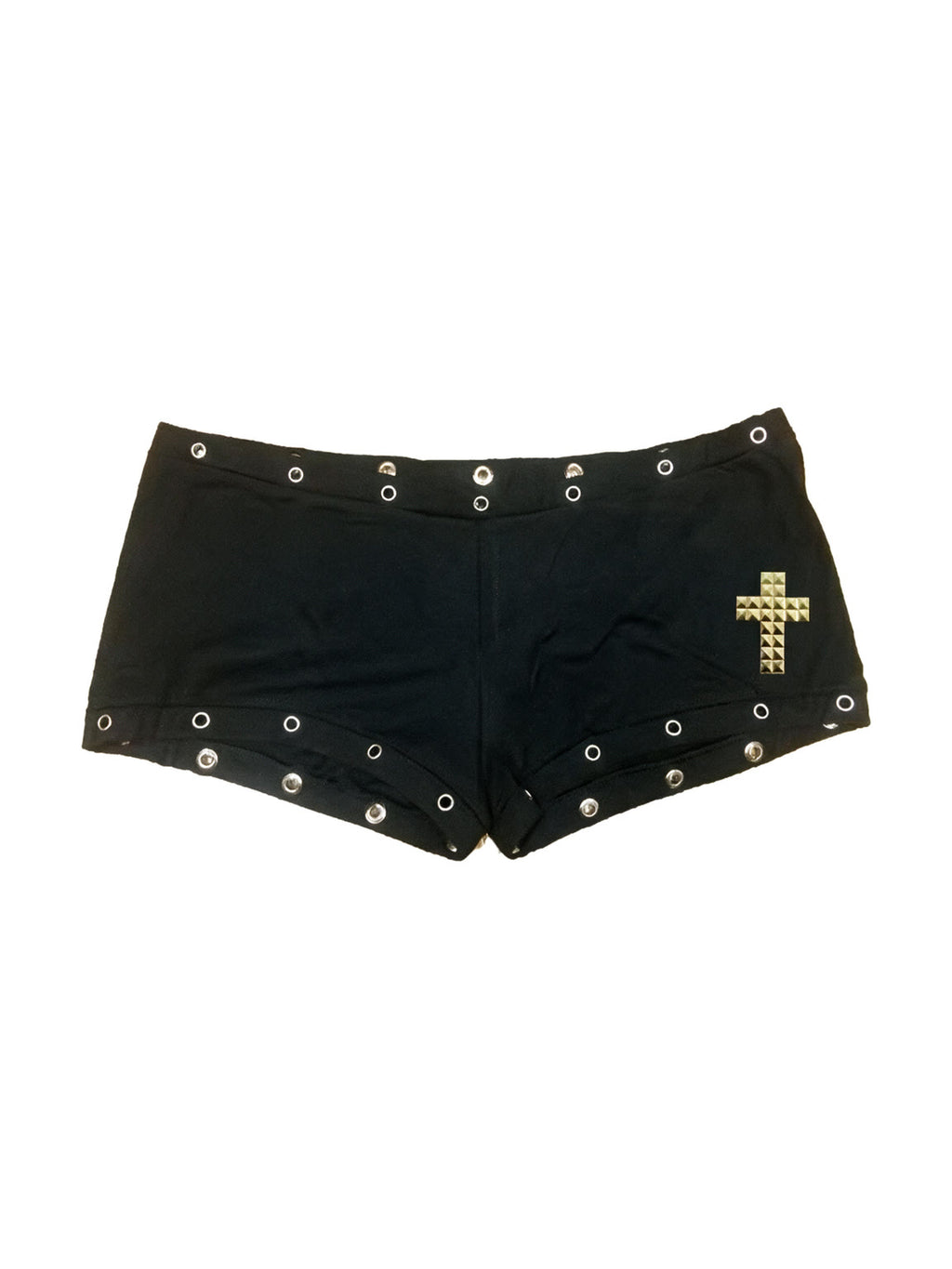 Black micro shorts with grommets and a gold cross