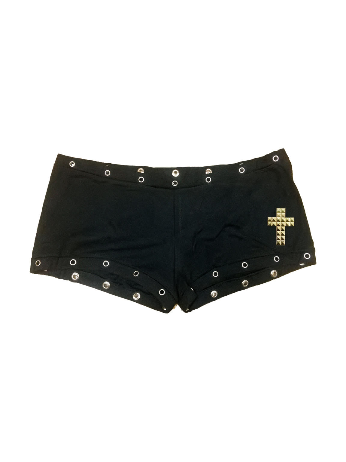 Black micro shorts with grommets and a gold cross