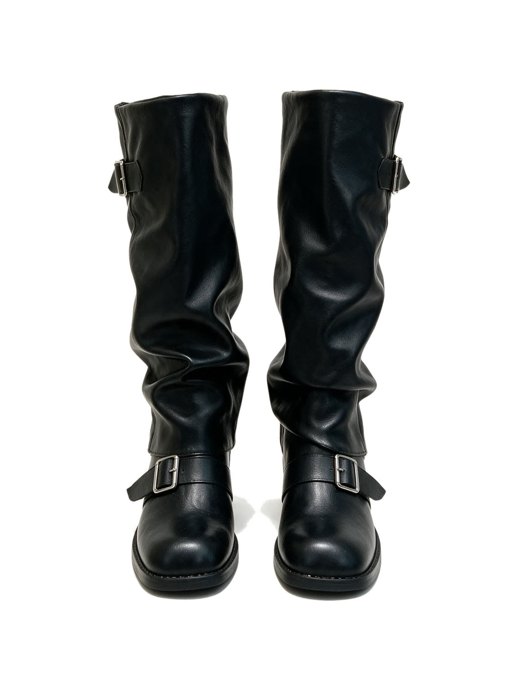 Black slouched knee high platform boots with buckles