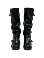 Black slouched knee high platform boots with buckles