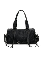 Black leather pillow shoulder bag with tassels and a front belt
