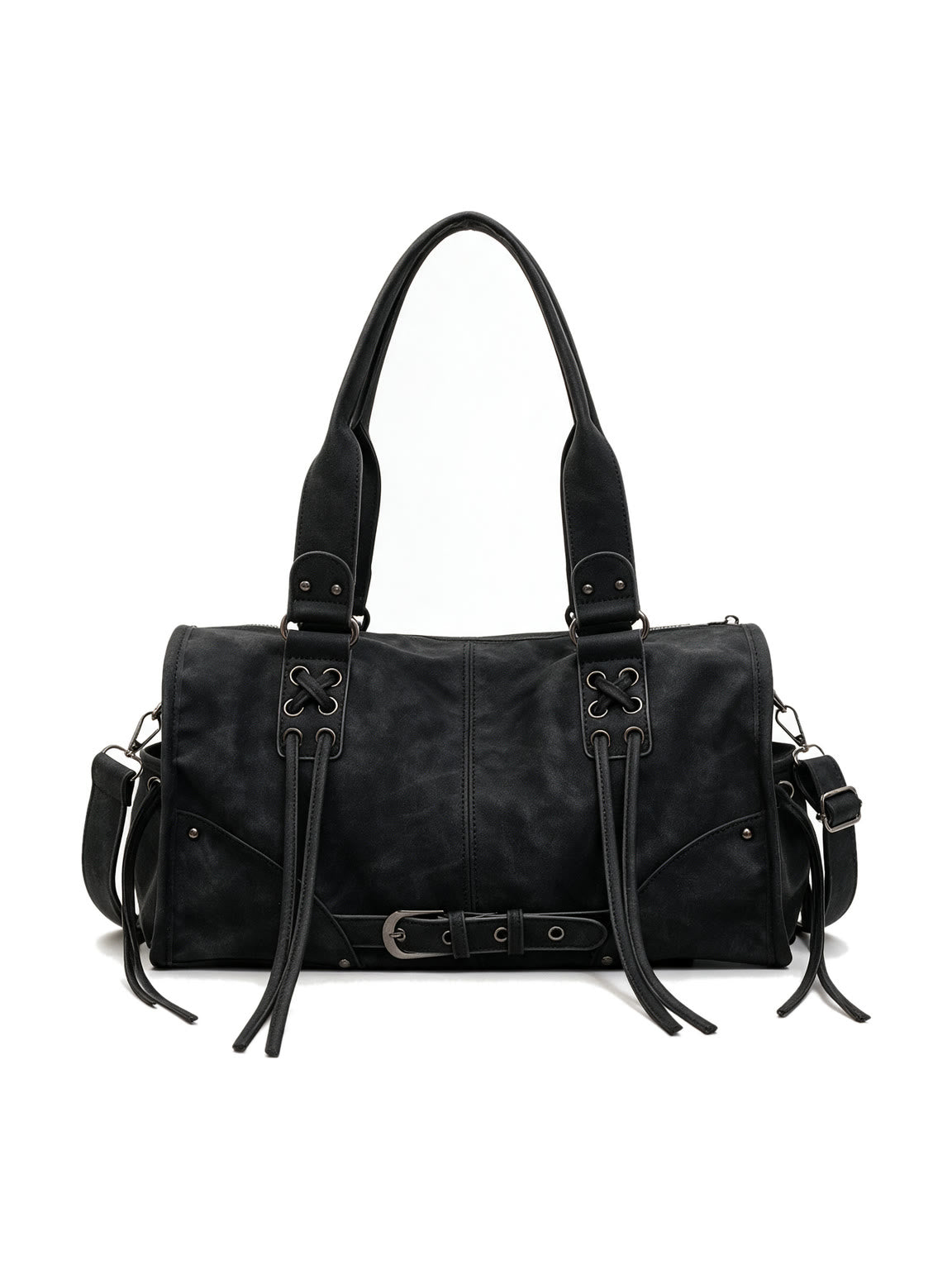 Black leather pillow shoulder bag with tassels and a front belt