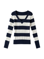 Navy and cream striped V neck knit top