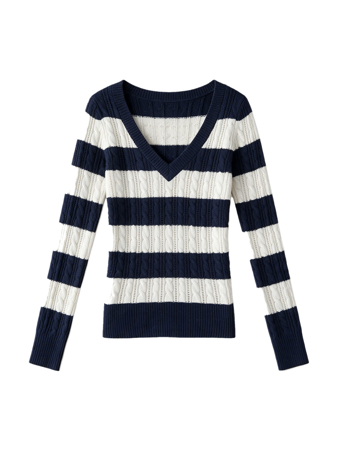 Navy and cream striped V neck knit top