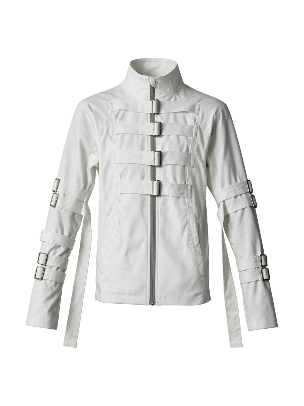 White stand collar jacket with buckle straps