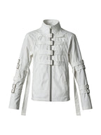 White stand collar jacket with buckle straps