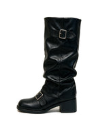 Black slouched knee high platform boots with buckles