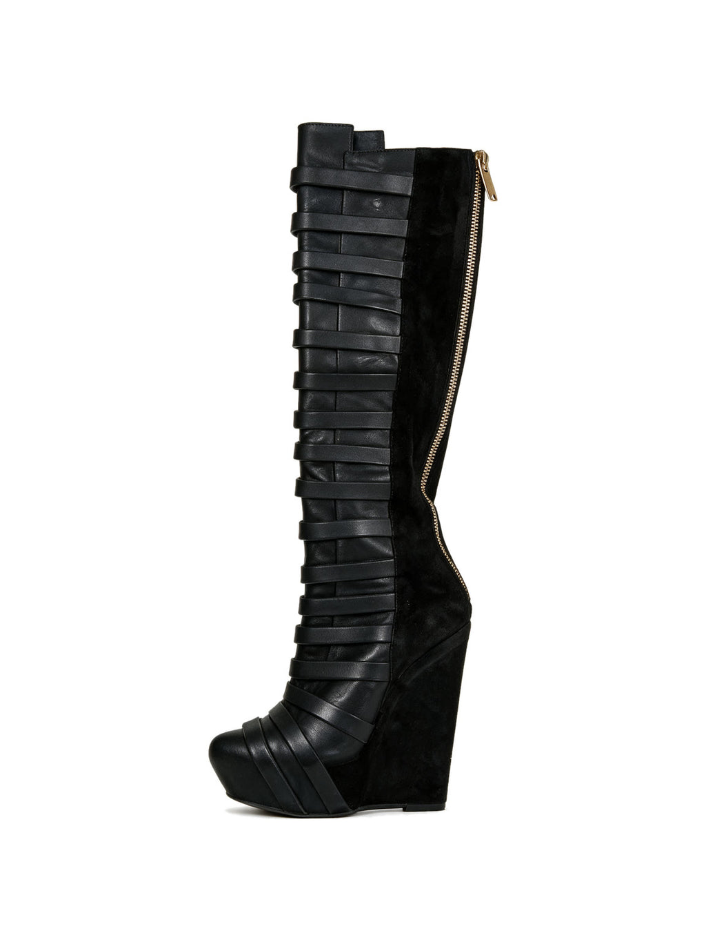 Black multi strap knee high wedge boots