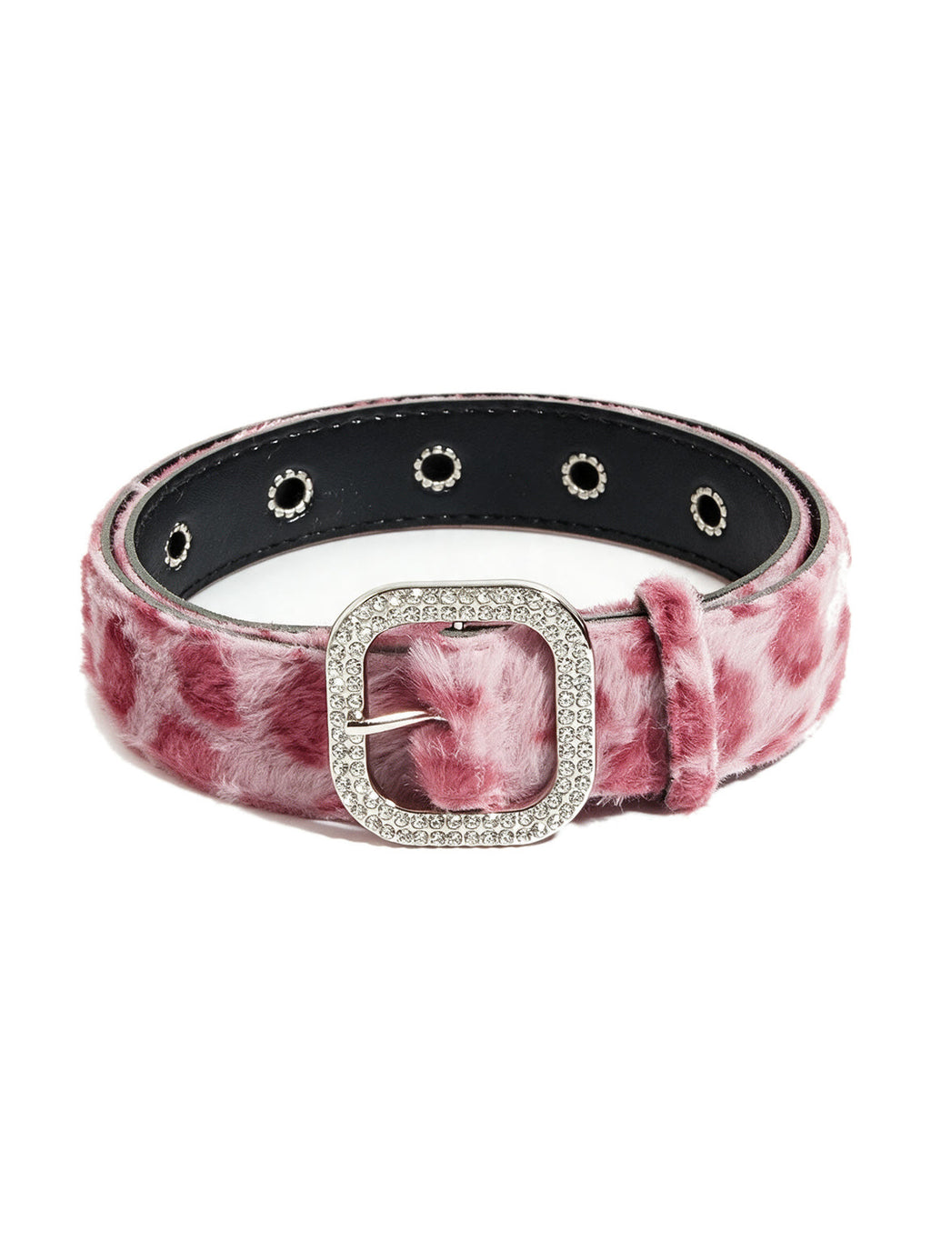 Pink faux fur belt with a crystal square buckle