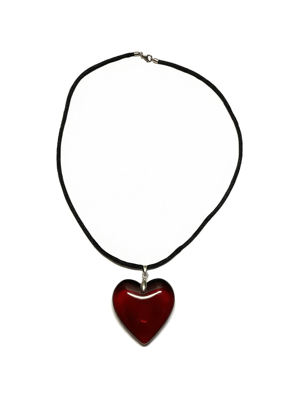 Red glass heart pendant on a black cord necklace