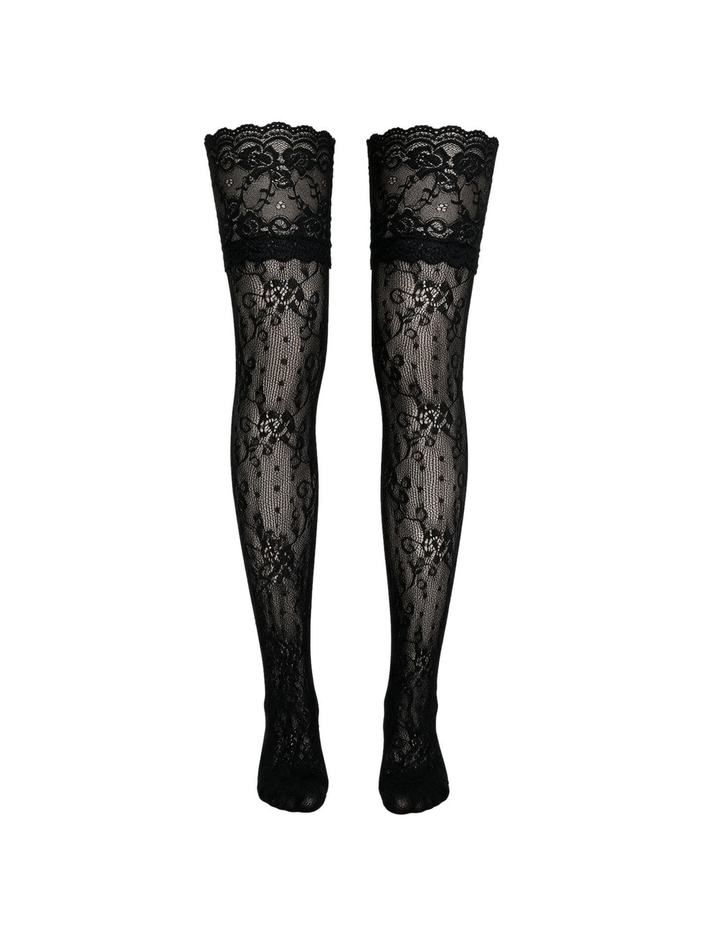 Black floral fishnet thigh high stockings