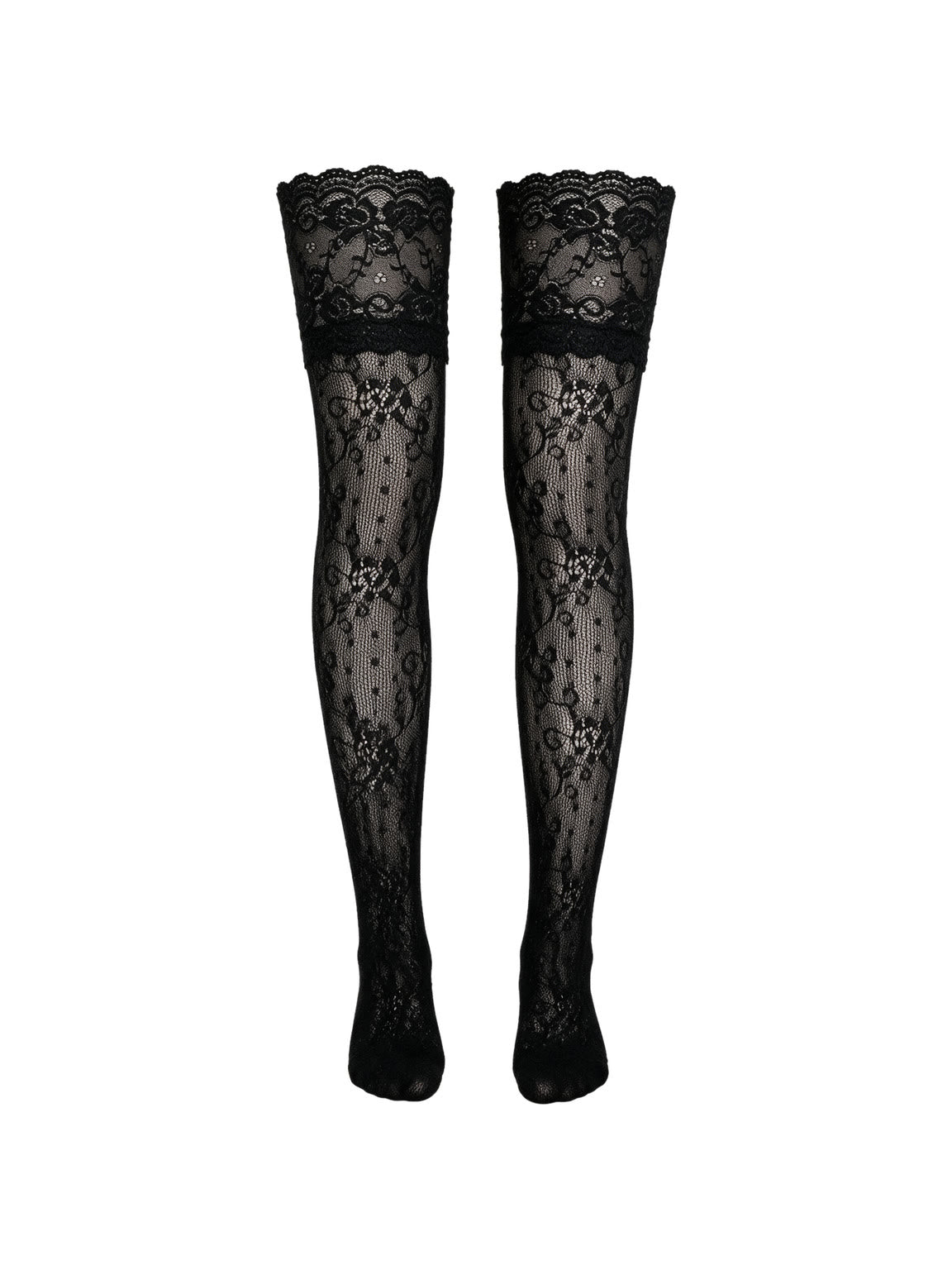 Black floral fishnet thigh high stockings