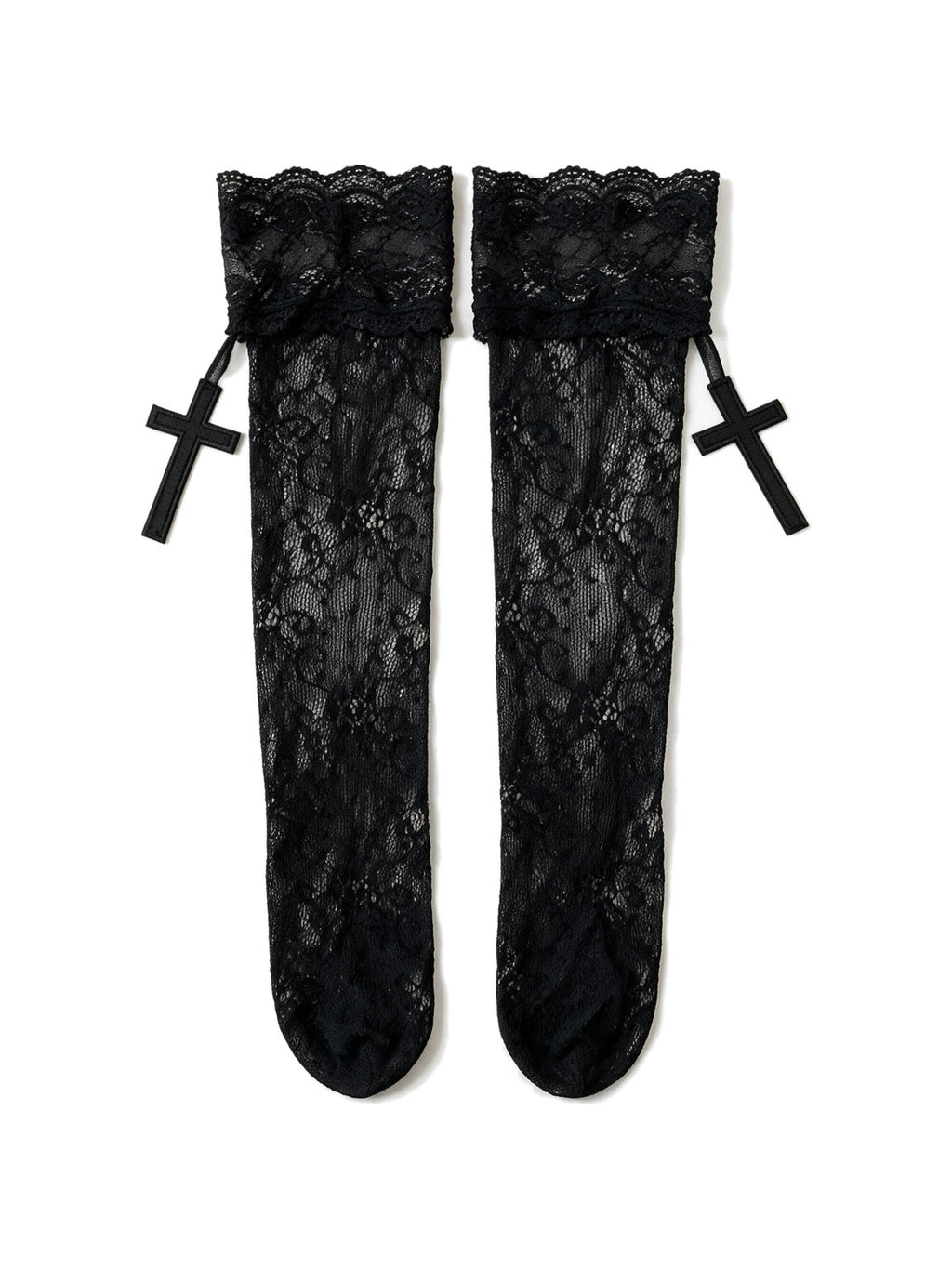 Black lace thigh high stockings with cross charms