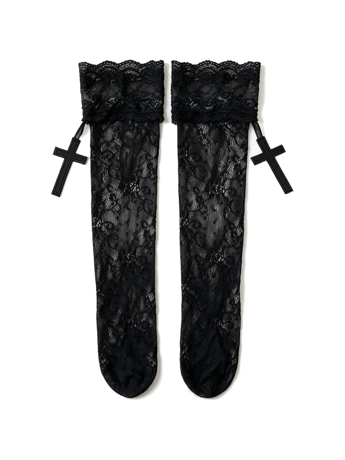 Black lace thigh high stockings with cross charms