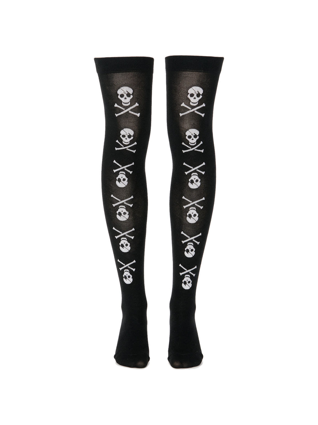 Black thigh high socks printed with white skulls and crossbones