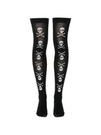 Black thigh high socks printed with white skulls and crossbones