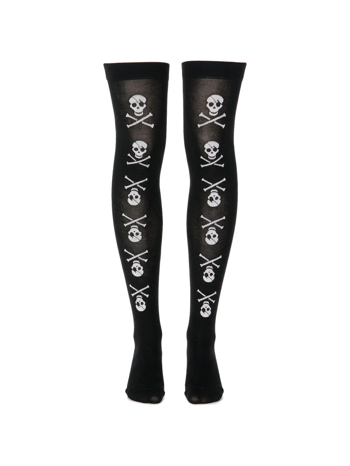 Black thigh high socks printed with white skulls and crossbones