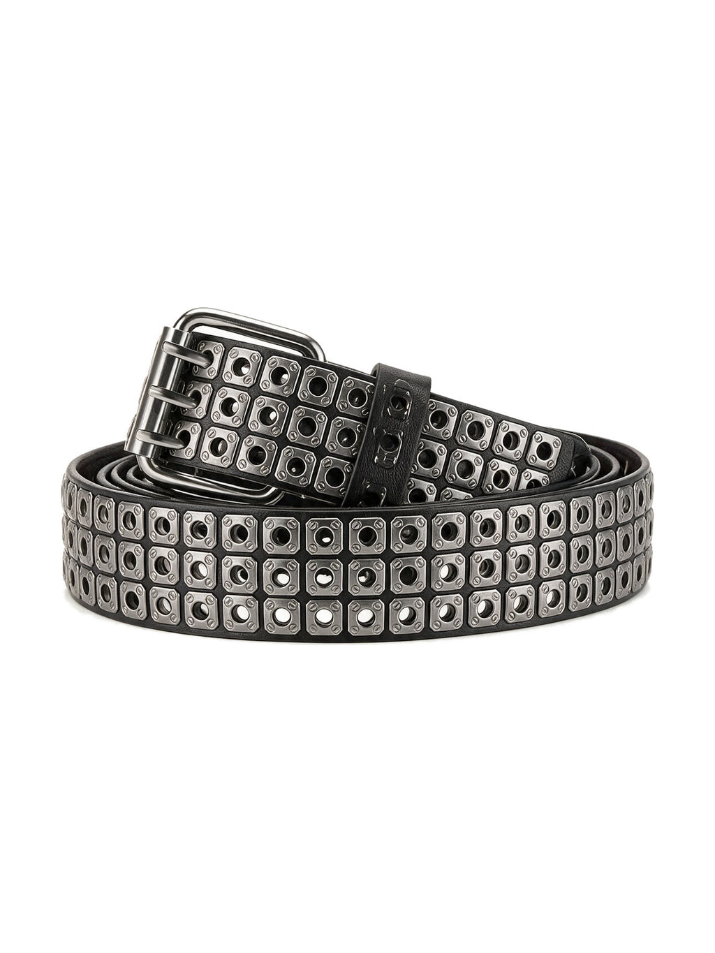Wide black belt with rows of square grommets