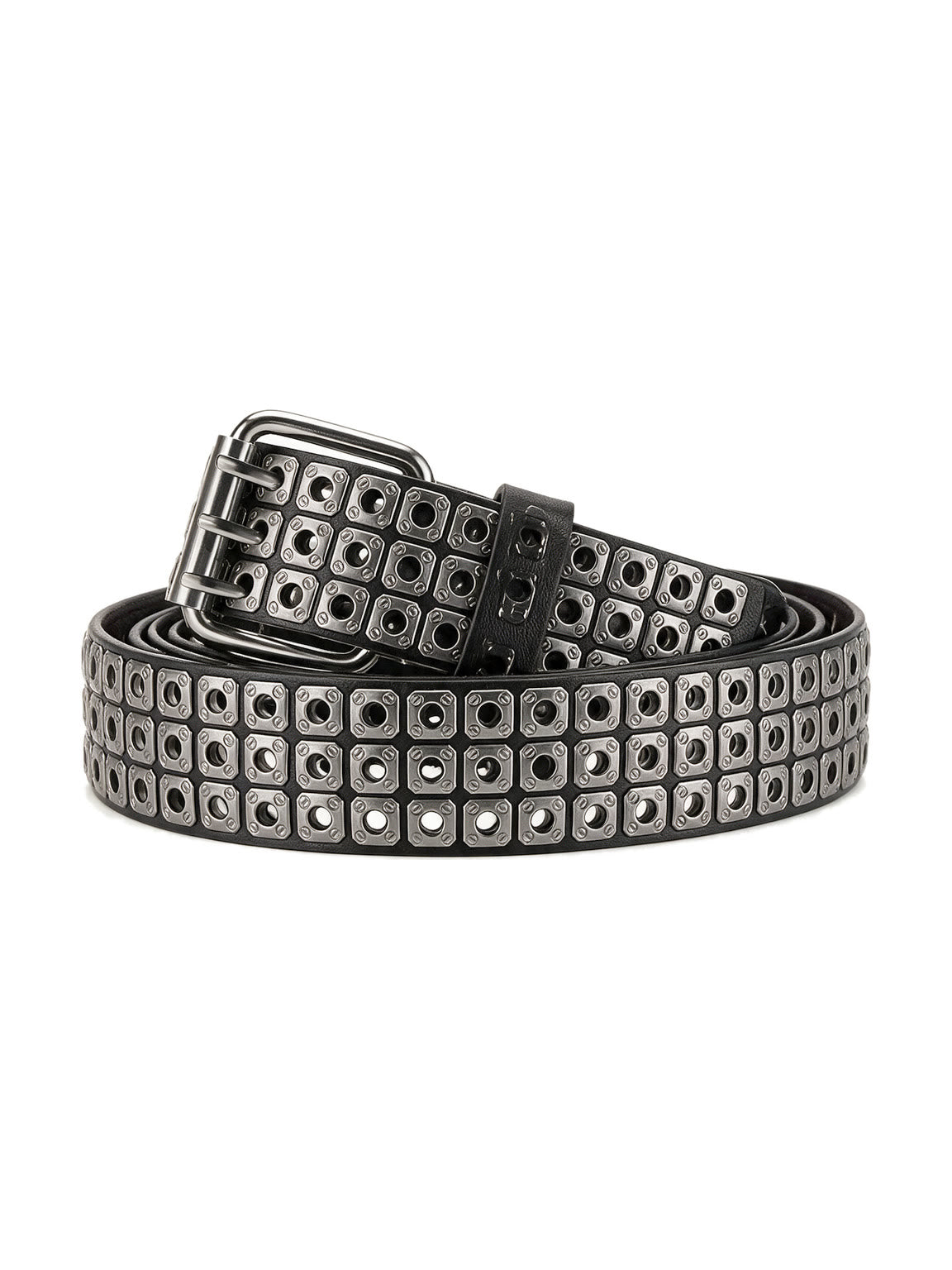 Wide black belt with rows of square grommets