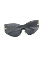 Wraparound shield sunglasses with silver arrow temples