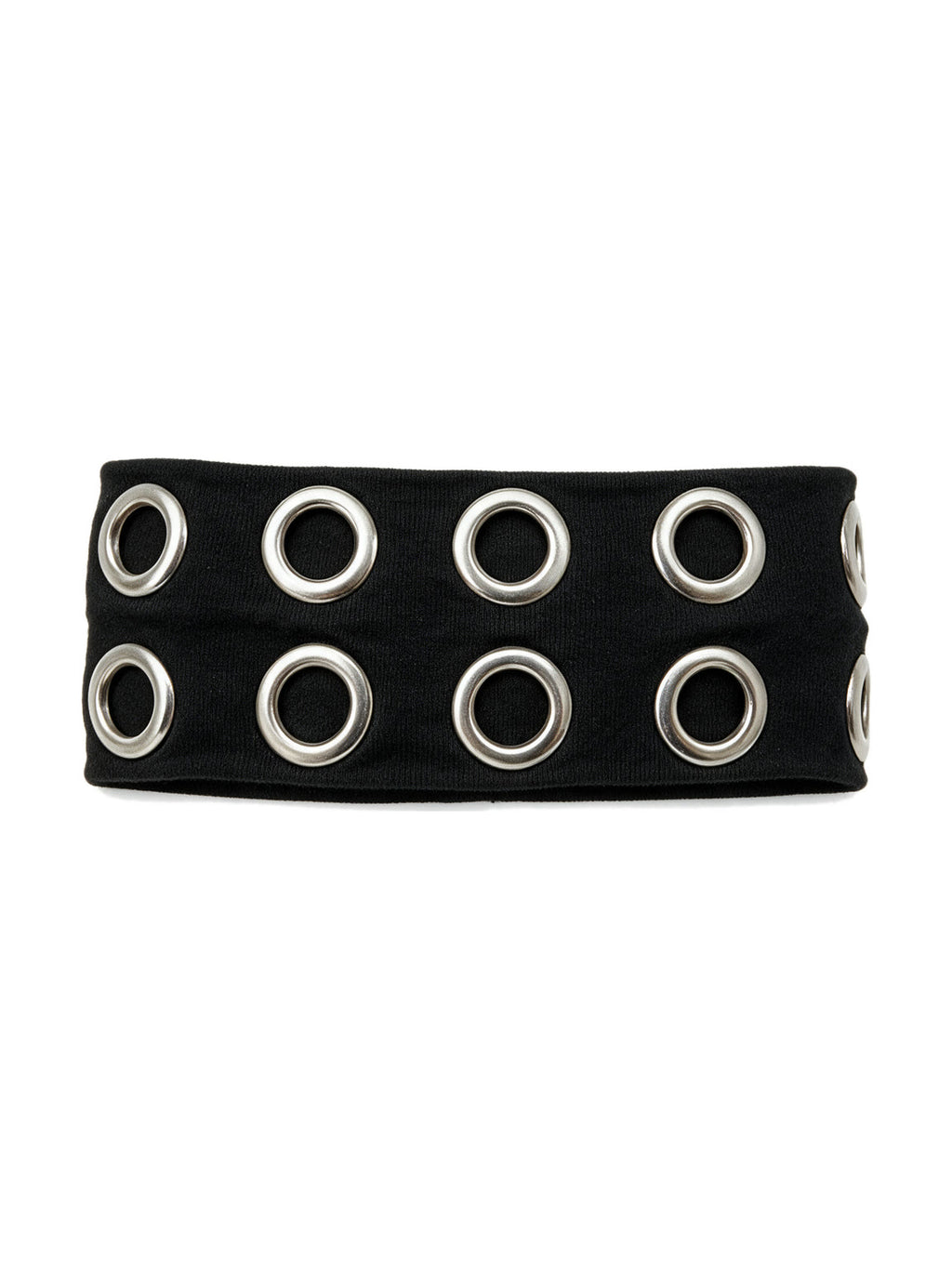 Wide black elastic headband with silver eyelets