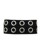 Wide black elastic headband with silver eyelets
