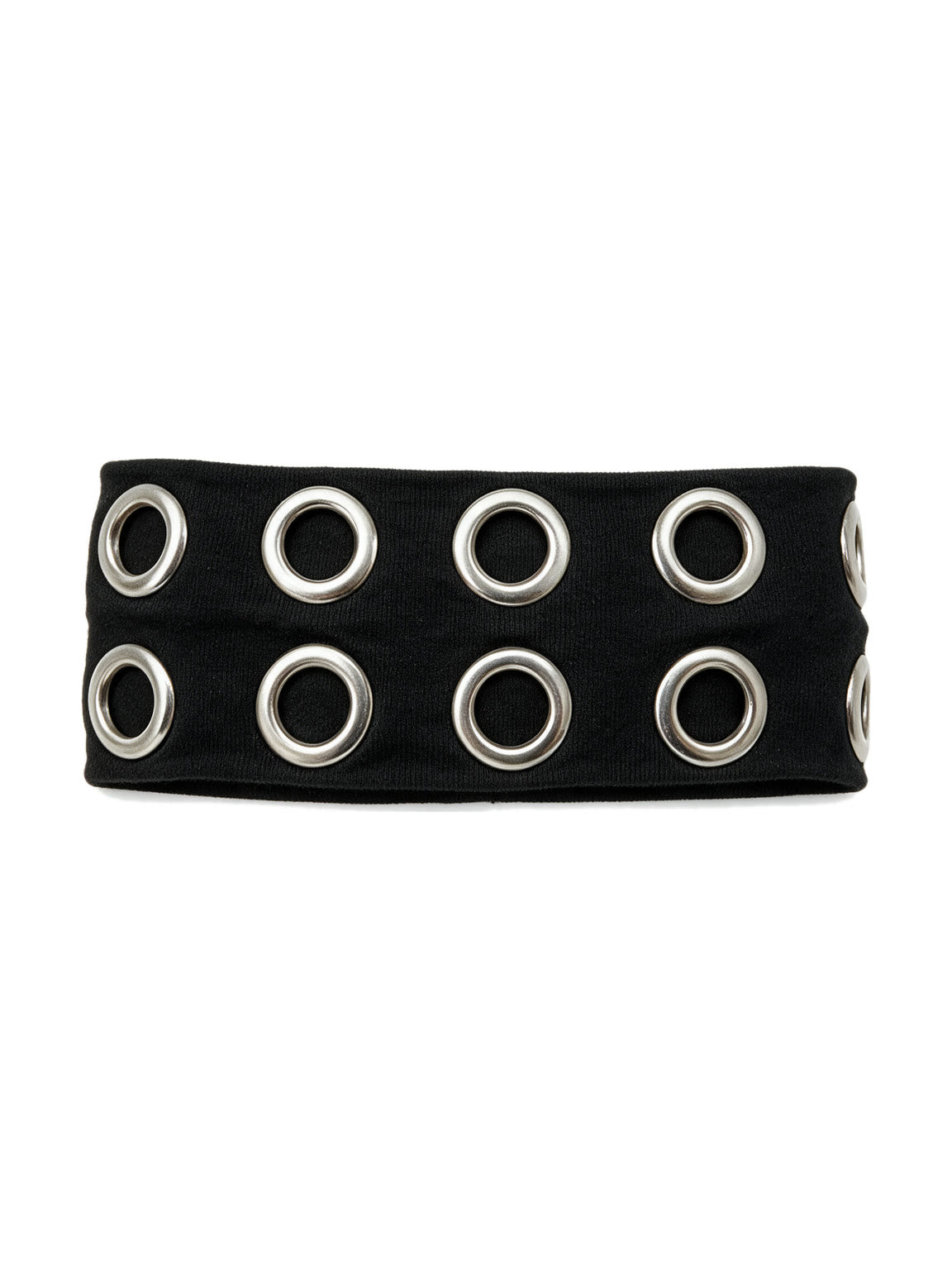 Wide black elastic headband with silver eyelets