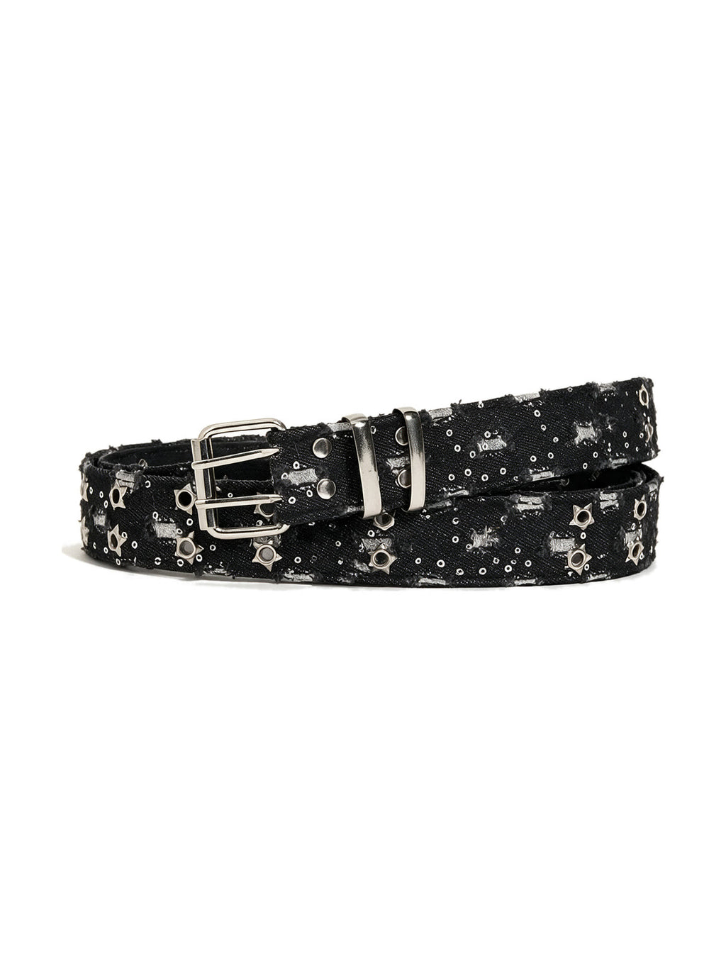 Black belt printed with silver stars and two pin buckles