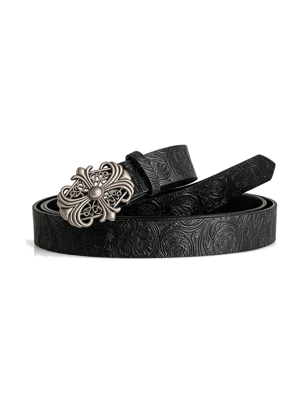Black tooled leather belt with an ornate silver baroque buckle