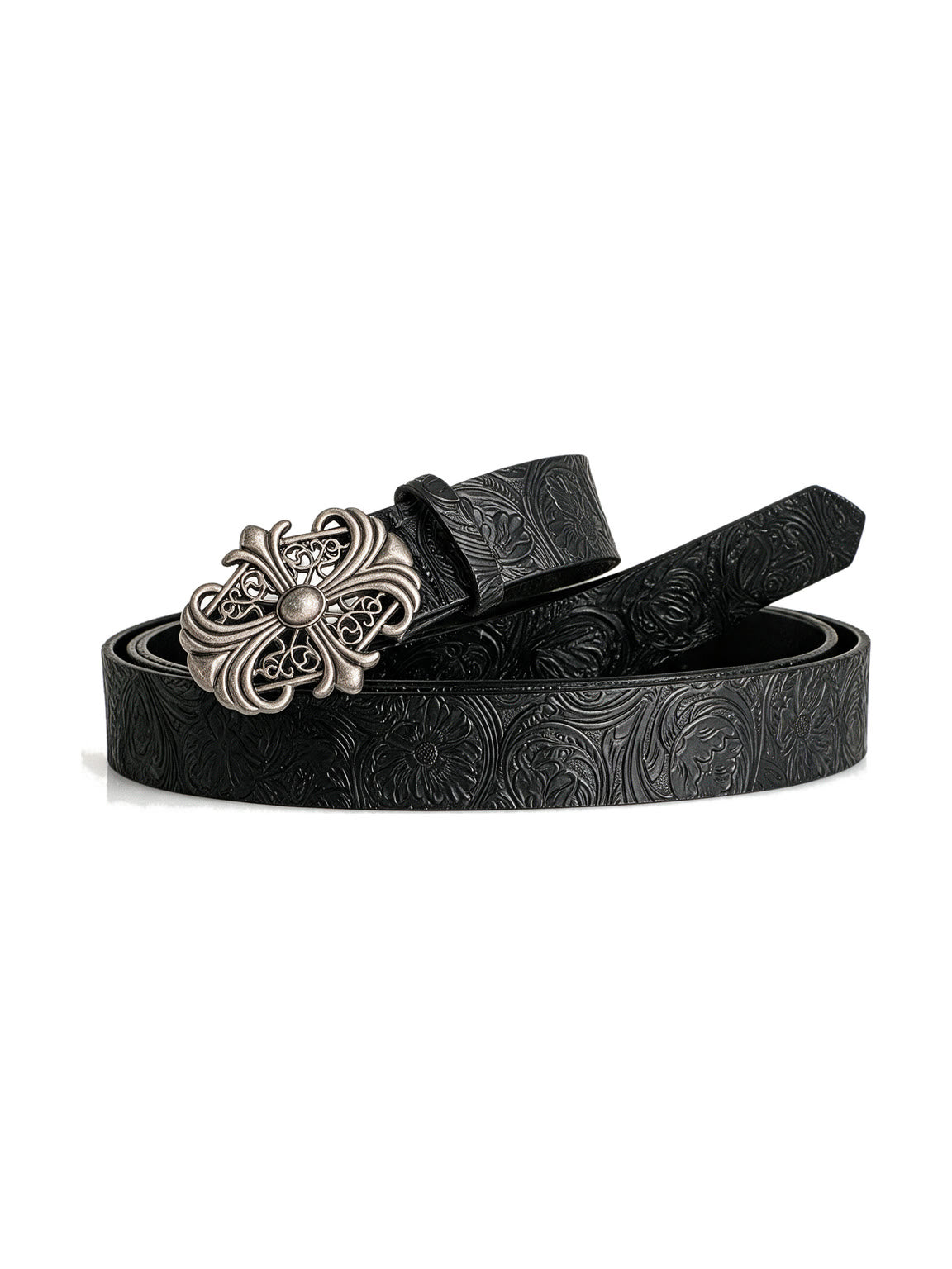 Black tooled leather belt with an ornate silver baroque buckle
