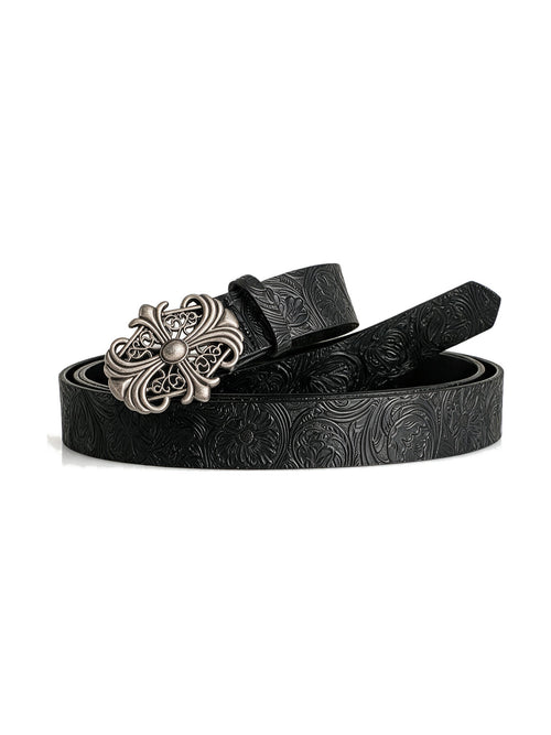 Black tooled leather belt with an ornate silver baroque buckle