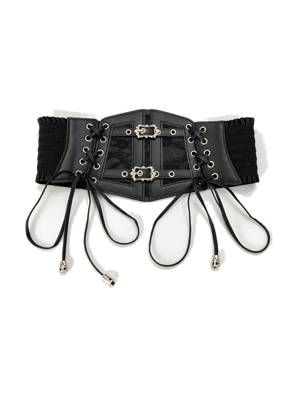Wide black elastic corset waist belt with lace-up ties
