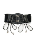 Wide black elastic corset waist belt with lace-up ties